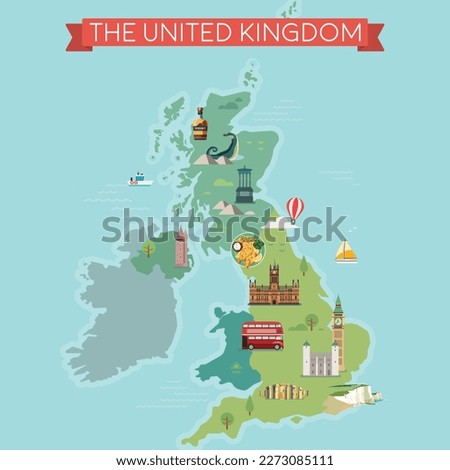 Map of Great Britain, United Kingdom with famous landmarks. 