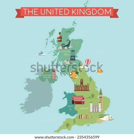 Map of Great Britain, United Kingdom with famous landmarks.