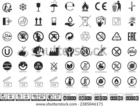 Set of Packaging Symbols. Handbook general symbols. Gluten, Lactose, GMO, SLS, Nutri-Score, Plastic In Product, Protein, Fat Carbohydrate icons.