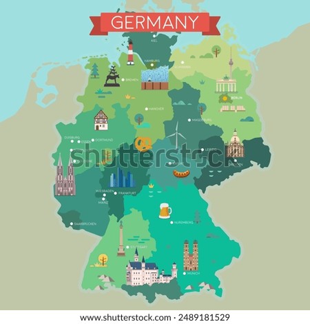 Stylized map of Germany. Travel illustration with German landmarks.