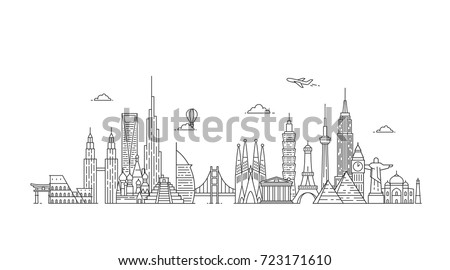 World skyline. Travel and tourism background. Famous buildings and monuments.