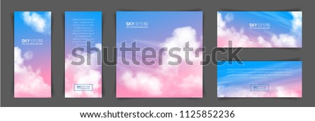 Set of different backgrounds with realistic pink-blue sky and cumulus clouds. The image can be used to design a banner, flyer and postcard.