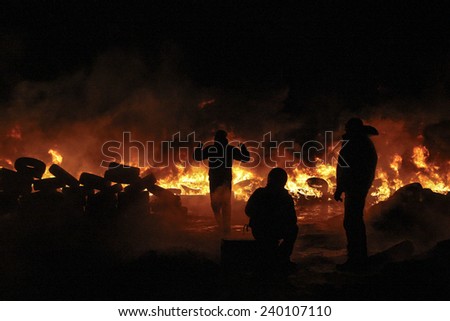People in the fire take part in a clash at Grushevskogo street during anti-government protest in Kiev, Ukraine, January 25, 2014