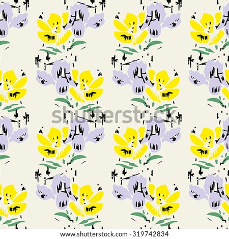 Seamless textile flower pattern with yellow and lilac elements on yellow background