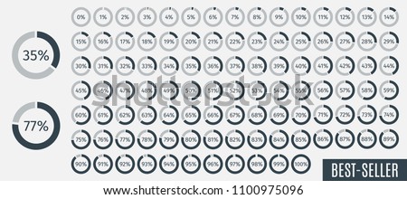Set of circle percentage diagrams from 0 to 100 for infographics, lignt, 5 10 15 20 25 30 35 40 45 50 55 60 65 70 75 80 85 90 95 percent. Vector illustration.