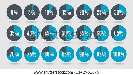 Set of colorful circle percentage diagrams for infographics, 0 5 10 15 20 25 30 35 40 45 50 55 60 65 70 75 80 85 90 95 100 percent. Vector illustration.