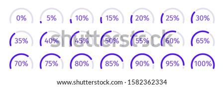 Modern Set of purple semicircle percentage diagrams for infographics, 0 5 10 15 20 25 30 35 40 45 50 55 60 65 70 75 80 85 90 95 100. Vector illustration.