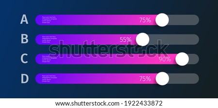 Modern colorful purple and blue glowing gradient 3d chart, graph, on dark background. Template for horizontal diagram, presentation. 4 Infographics elements. Vector illustration.