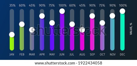 Yearly chart of 12 graphs, vector infographic template for report, presentation in modern glowing bright colors on dark background.