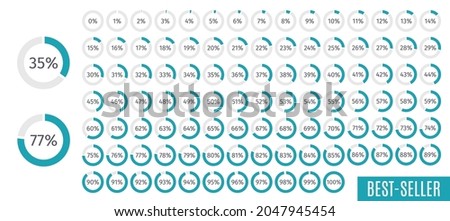 Set of colorful circle percentage diagrams for infographics, 0 5 10 15 20 25 30 35 40 45 50 55 60 65 70 75 80 85 90 95 100 percent. Vector illustration
