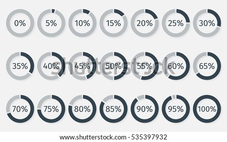 Set of circle percentage diagrams for infographics, 0 5 10 15 20 25 30 35 40 45 50 55 60 65 70 75 80 85 90 95 100 percent. Vector illustration.