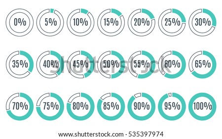 Set of blue circle percentage diagrams for infographics, 0 5 10 15 20 25 30 35 40 45 50 55 60 65 70 75 80 85 90 95 100 percent. Vector illustration.