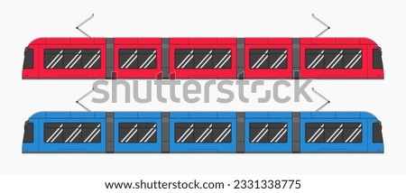 blue and red modern tram way train car side view vector flat illustration