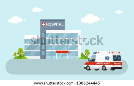 Hospital building with ambulance, Vector illustration, Health and Medical, Medicine cartoon