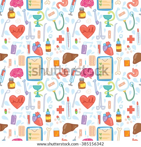 Seamless pattern of medicine elements in color cartoon style. For children clinics and doctor's offices. Cute elements will make your medical office more cute and cheerful.