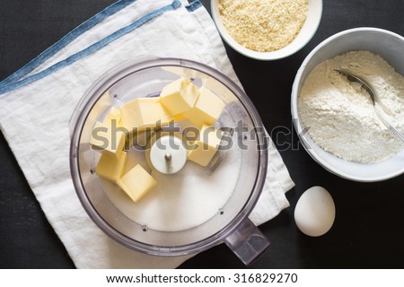 Ingredients for shortcrust almond pastry to make in food processor