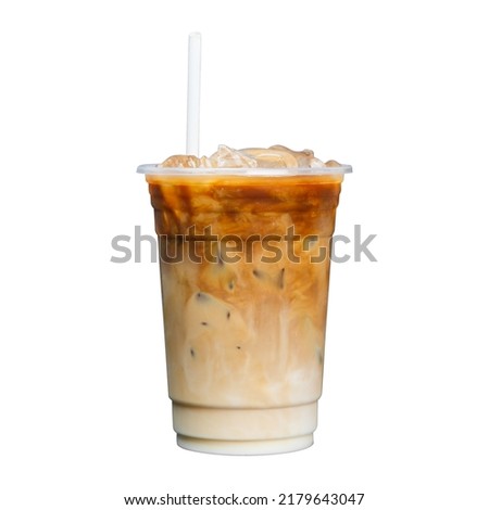 Iced latte coffee on plastic glass and tube sucking isolated white background, summer drink concept Stockfoto © 