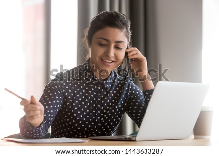 Similar – Image, Stock Photo Smiling businesswoman answering phone call