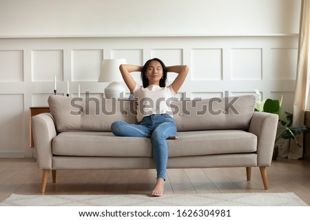 Similar – Image, Stock Photo Satisfied Asian resting woman sightseeing at temple