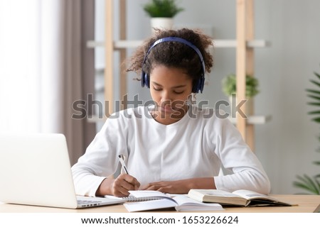 Similar – Image, Stock Photo girl wearing headphones studying online with computer laptop and listen to relaxing music or play internet social media at home.