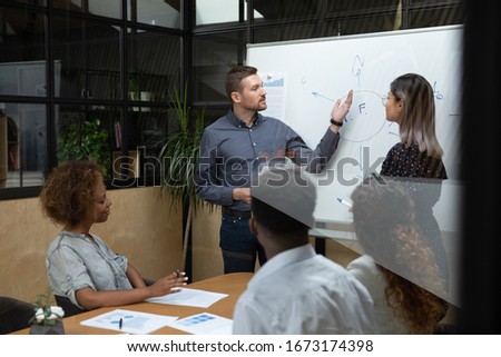 Diverse business coaches presenting marketing plan on flip chart, explaining project strategy, plan to multiracial employees team, Asian businesswoman and Caucasian businessman holding briefing 商業照片 © 
