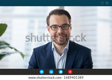 Headshot portrait screen view of confident businessman talk on Webcam conference with business client, smiling male employee speak on video call, communicate online using wireless Internet connection