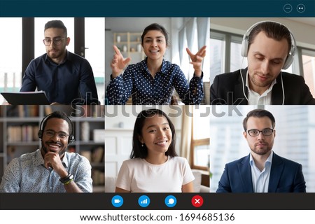 Photo of Team working by group video call share ideas brainstorming negotiating use video conference, pc screen view six multi ethnic young people, application advertisement easy and comfortable usage concept