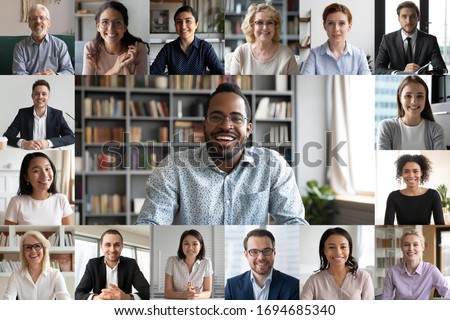 Many portraits faces of diverse young and aged people webcam view, while engaged in videoconference on-line meeting lead by african businessman leader. Group video call application easy usage concept