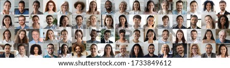 Multi ethnic people of different age looking at camera collage mosaic horizontal banner. Many lot of multiracial business people group smiling faces headshot portraits. Wide panoramic header design. Сток-фото © 