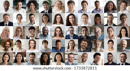 Many happy diverse ethnicity different young and old people group headshots in collage mosaic collection. Lot of smiling multicultural faces looking at camera. Human resource society database concept.