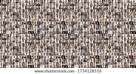 Hundreds of multiracial people crowd portraits headshots collection, collage mosaic. Many lot of multicultural different male and female smiling faces looking at camera. Diversity and society concept. Foto stock © 