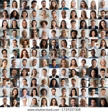 Photo of Lot of happy multiracial people looking at camera in square collage mosaic. Many smiling multiethnic faces of young and old diverse ethnic business people group headshots. Hr, staff, society concept.