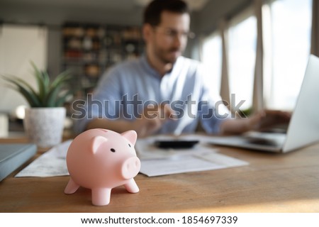 Man sit at desk manage expenses, calculate expenditures, pay bills online use laptop, makes household finances analysis, close up focus on pink piggy bank. Save money for future, be provident concept