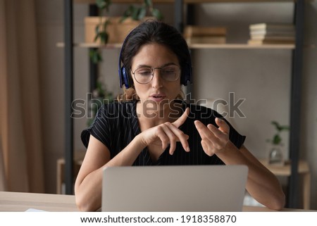 Similar – Image, Stock Photo Young woman having video call, talking remotely, taking selfie photo