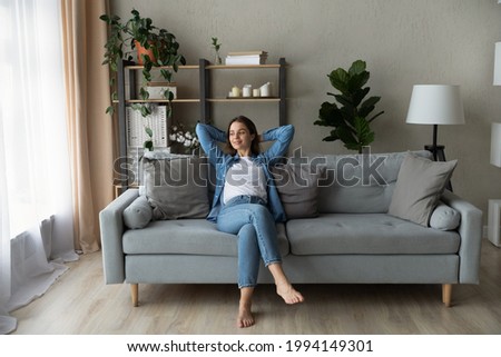 Similar – Image, Stock Photo Barefoot woman meditating on wooden path