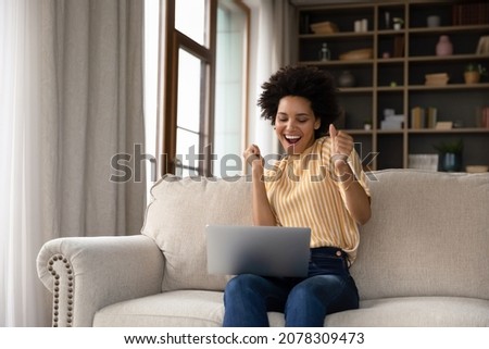 Similar – Image, Stock Photo Young woman making video call sending greetings from vacation trip in mountains. Woman with backpack hiking through tall grass along path on meadow