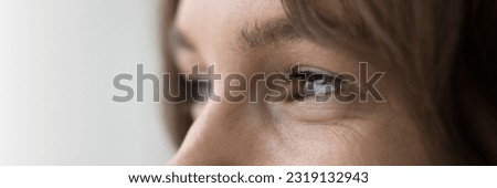 Upper face of woman looking into distance, close up side profile view, wide photography. Female advertises eye sight check up, professional clinic services, lenses, eyesight laser correction. Vision Foto stock © 