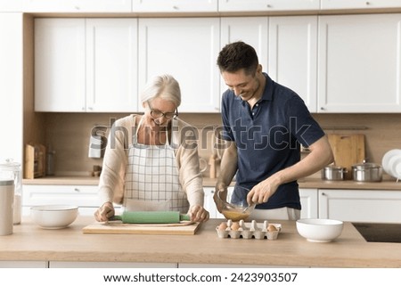 Similar – Image, Stock Photo Baker rolling out dough in kitchen