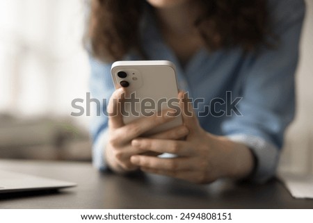 Image, Stock Photo View of unrecognizable woman wearing big summer sun hat tanning topless and relaxing on old wooden pier in remote calm cove of Adriatic sea, Croatia.