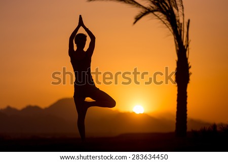 Back view of young woman doing fitness, yoga or pilates training, standing in asana Vrikshasana (Tree Pose) at sunset in picturesque location with mountains and palm trees