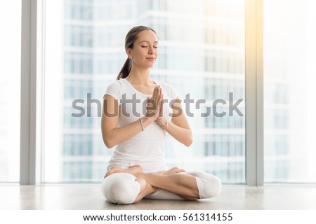 Similar – Image, Stock Photo Slim woman doing meditation on beach