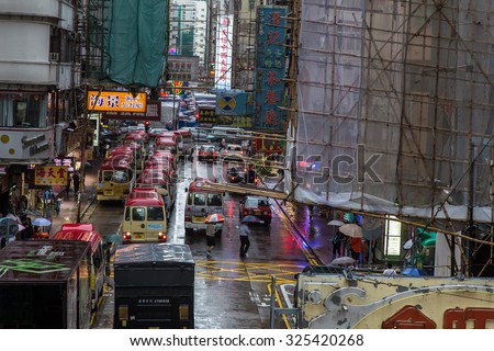 Mong Kok , Hong Kong - July 23 , 2015: raining busy street in Mong Kok