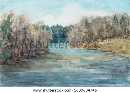 Watercolor landscape with forest, blue sky, river. Hand drawn nature of Russia. Image. Illustration