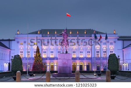 Polish President Palace in Warsaw, Poland. In front of the palace: Bertel Thorvaldsen\'s equestrian statue of Prince Jozef Poniatowski.