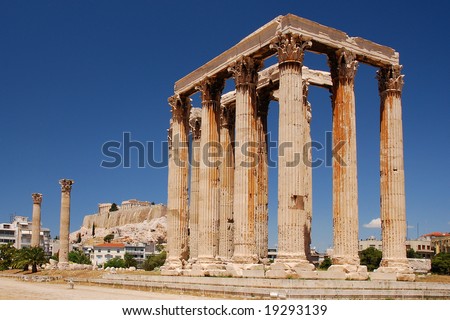 Zeus temple in Athens with Parthenon in the background
