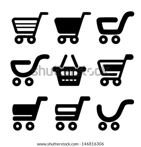 Vector black simple shopping cart, trolley, item, button