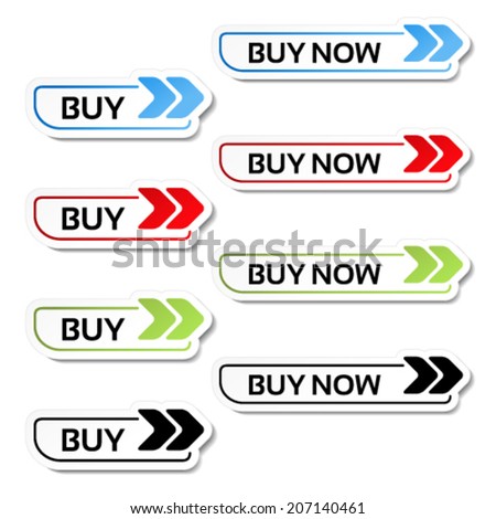 Vector simple shopping cart, menu items, buy buttons with arrows - labels, stickers on the white background 