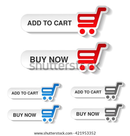 Vector simple red, blue and grey shopping cart - trolley on white buttons. Rounded labels. Item add to cart and buy now for web page.
