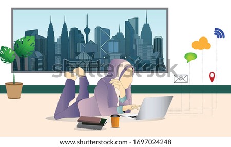 illustration concept of young womаn or freelancers working on laptops at home