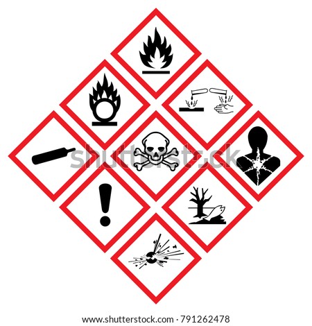 Danger icon chemics. Warning symbol hazard icons Ghs safety pictograms. sign of Physical hazards, Explosive, Flammable Oxidizing, Compressed Gas, Corrosive, toxic, Harmful, Health, Environmental.